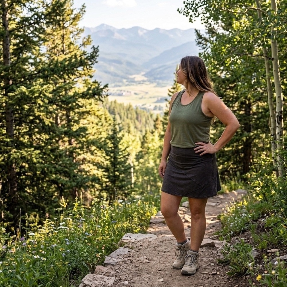 Toad & Co Oblique Geo Asymmetrical A-Line skirt Brown Organic
Cotton blend Hike